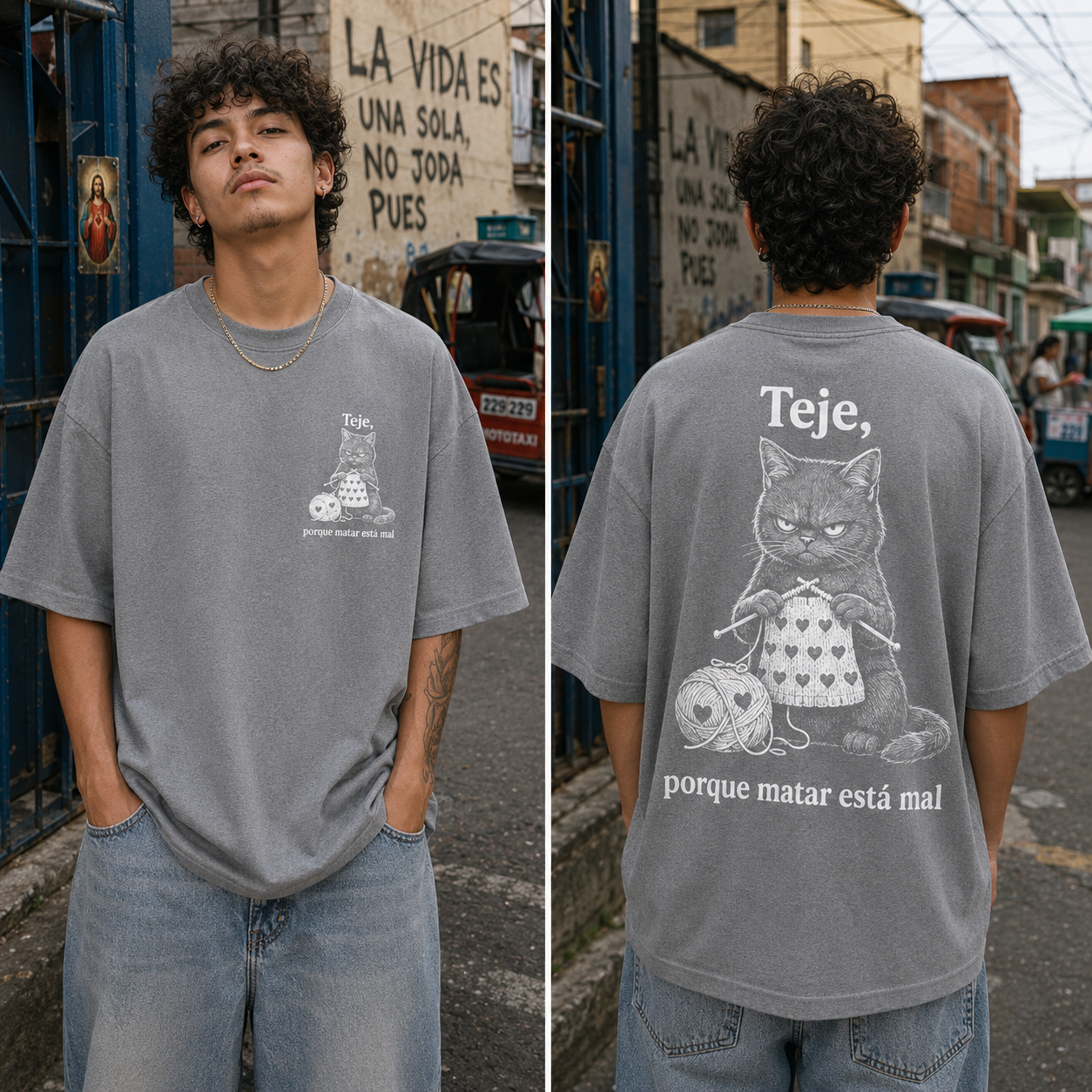 Camiseta MALA MAÑA Teje porque matar está mal — gato gris tejiendo