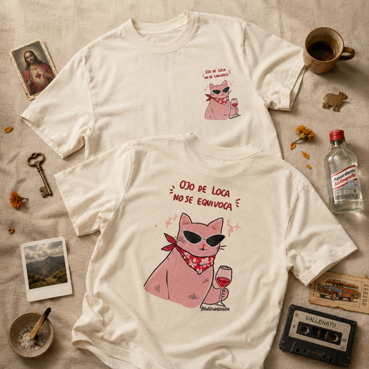 Camiseta MALA MAÑA Ojo de Loca — gata rosa con copa de vino