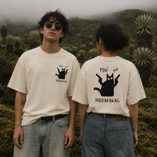 Camiseta MALA MAÑA Pew Pew Madafakas — gato negro con pistolas