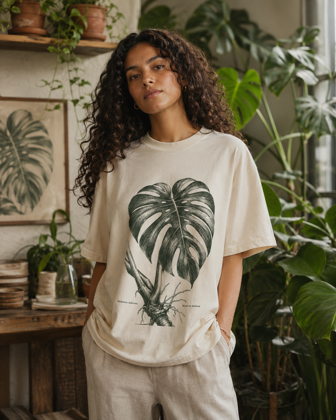 Camiseta BROTE Monstera - modelo en interior con plantas